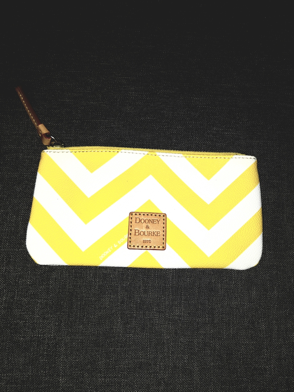 Dooney & Bourke Yellow and White Chevron Wristlet Clutch with Leather Patch